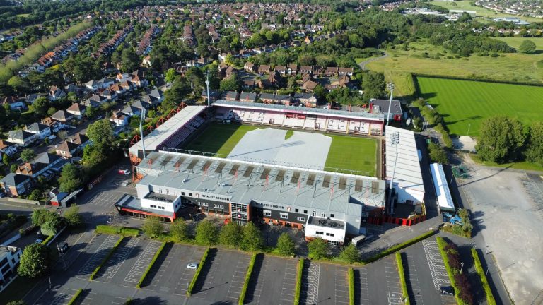 Aerial view of Vitality Stadium, home of AFC Bournemouth, captured by a drone