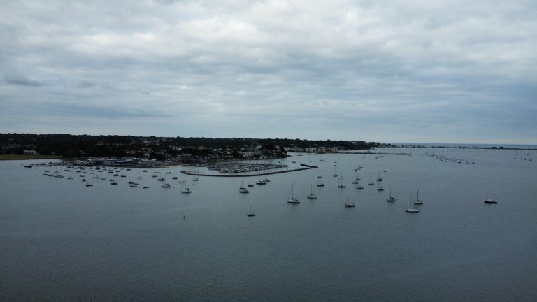 Aerial view of Poole Harbour and coastline from a drone