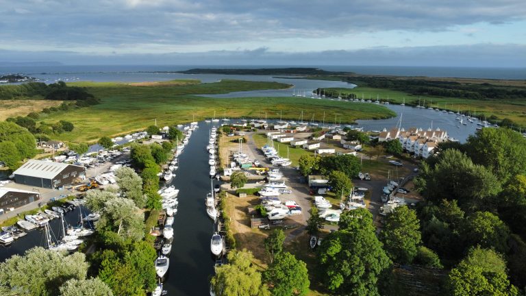 Aerial view of Christchurch and coastline from a drone